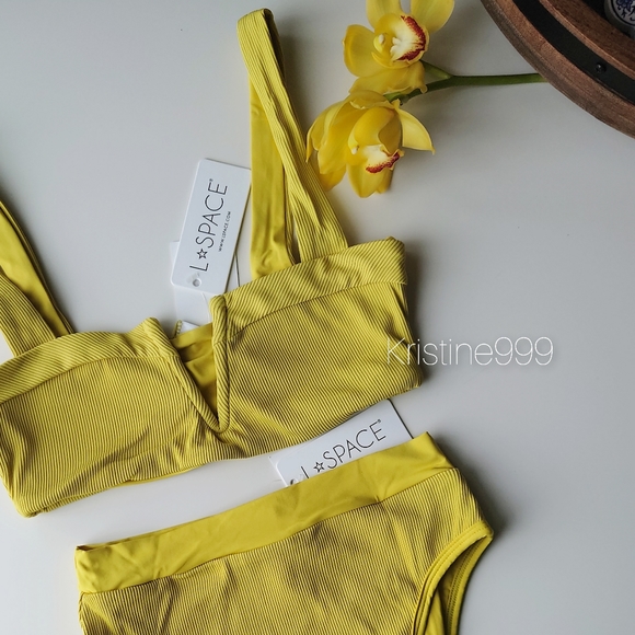 L*Space Lee Lee Top Frenchi Bottom Bikini Set in Apple Green Yellow Lime - Picture 1 of 12